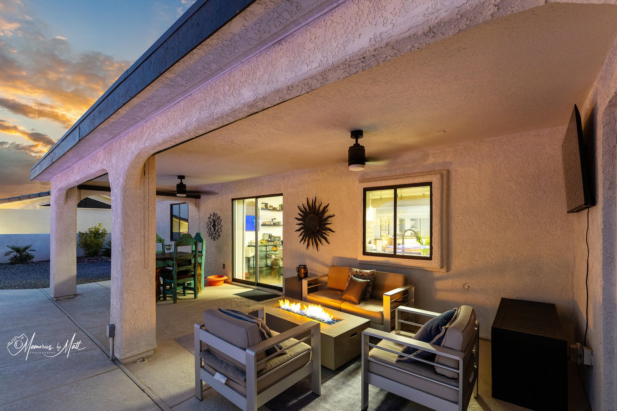 Twilight real estate photography of a covered patio